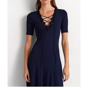 Lauren Ralph Lauren Women's‎ Lace-Trim Rib-Knit Dress Refined Navy Size L $225